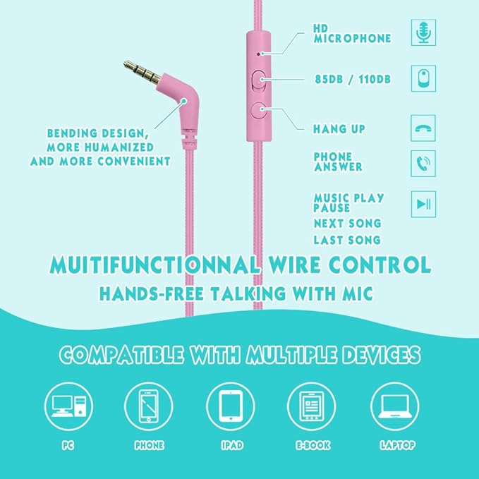 Headphone Kids Volume Limited 85/94dB Wired Over-Ear/On-Earr Foldable Headset with Inline Cable Aux 3.5mm Cord Mic for Toddler Boy Girl Child Back to School Study Pad Tablet Cyan