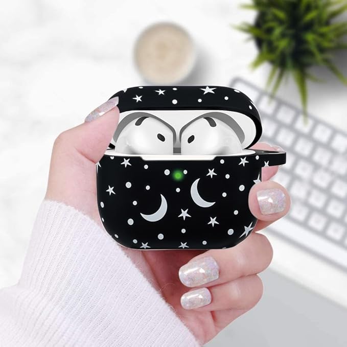 Silicone Leopard AirPods 4 Case 2024, Gawnock Case Cover for Apple Airpods 4th Generation Floral Print Soft Flexible Cover for Air Pod 4th Women Girls, Skin with Keychain - Moon Star
