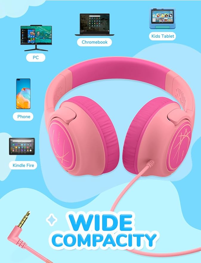 iClever Kids Headphones with Cord, 85dBA Safe Volume Wired Headphones for Kids, Stereo Sound Foldable Adjustable, 3.5mm Jack, Over Ear Kid Headphone for School/Boys/Girls/iPad/Tablet/Travel, Pink2