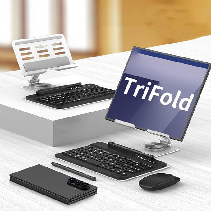 for Samsung Galaxy Z Fold 7 6 5 4 Trifold Stand and Keyboard Mouse, Portable Mini Bluetooth Keyboard, Foldable Adjustable Aluminum Alloy Stand Holder for Desk, with Wireless Mouse and Pen