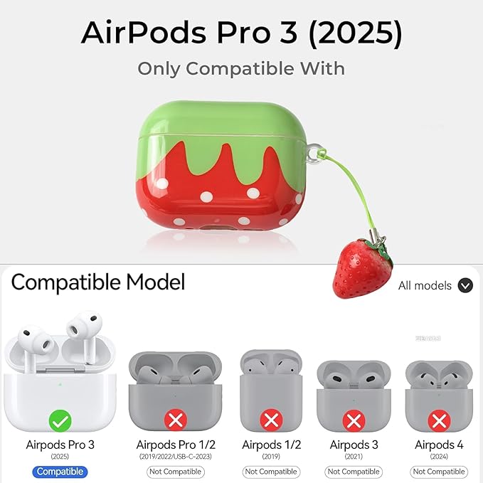 for AirPods Pro 3 Case 2025 - Soft Silicone Shockproof Full Protective Cover | Cute Creative Red Strawberry Funny Fruit Design with Strawberry Pendant, for Girls Women