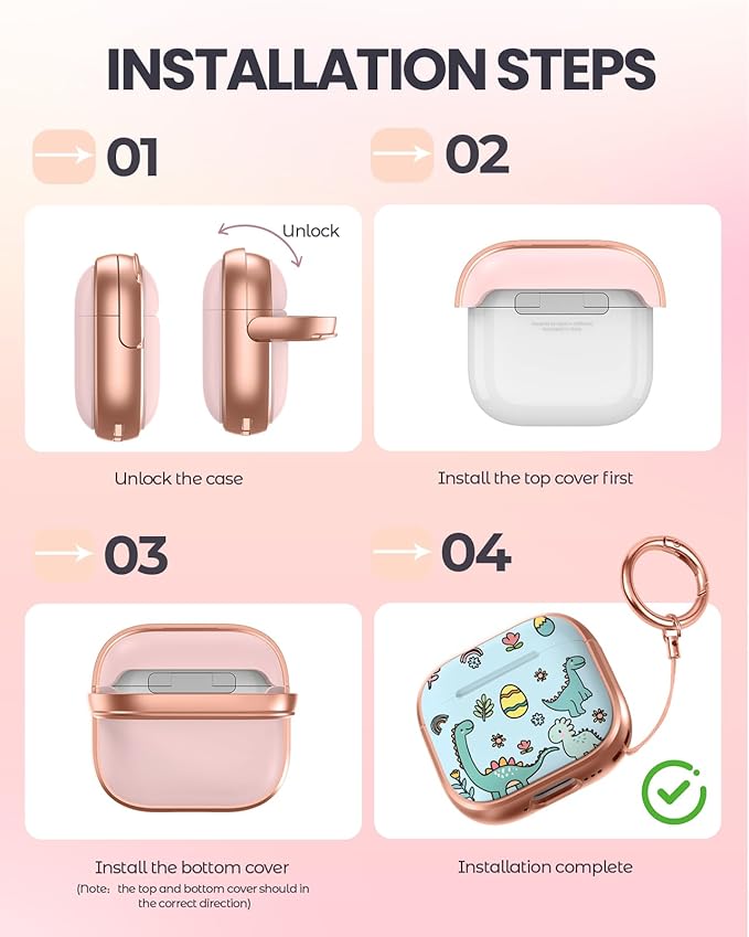 Coralogo for AirPods 4 Case with Safety Lock - Cute Cartoon for Women Girls Fashion Stylish Dinosaur Pattern Design Kawaii Girly Girlish Hard Protective Cover for AirPods 4th Generation 2024