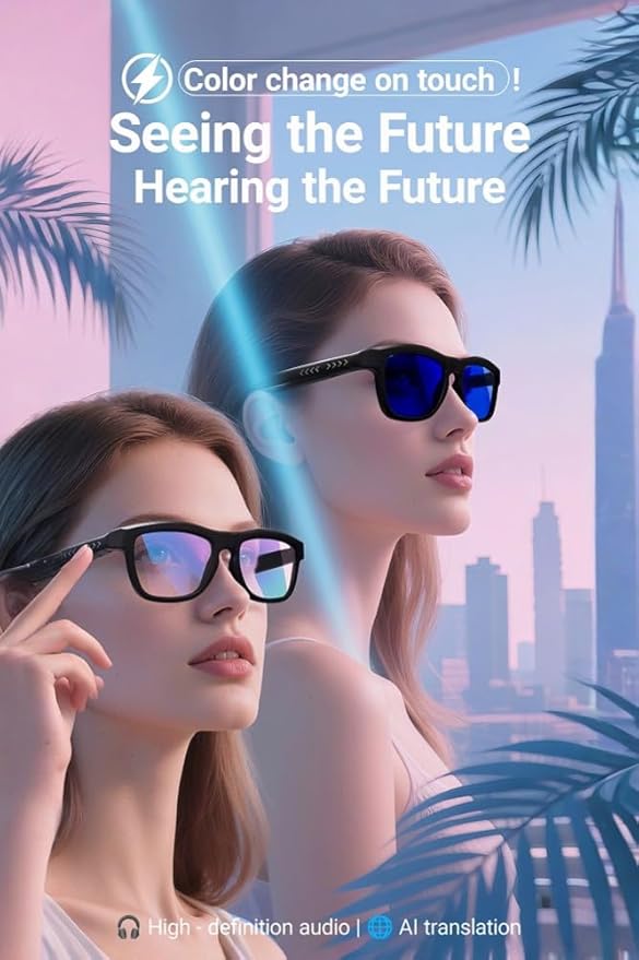 AI Translator Glasses - 2025 Smart Glasses with Slidable Color-Changing Lenses, Hands-Free Open-Ear Audio, Voice Assistant & UV Protection-Blue Lenses