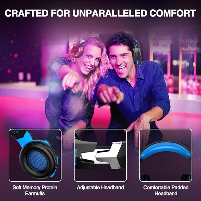 VersionTECH. G2000 Gaming Headset, Bass Surround Gaming Headphones with Noise Cancelling Mic, LED Lights, Soft Memory Earmuffs for PS5/ PS4/ Xbox One Controller/Laptop/PC/Mac/Nintendo NES Games-Blue