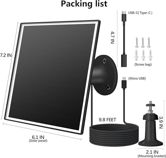 6W Solar Panel for Outdoor Security Camera with Micro USB & USB - C Port, Solar Panel Charger for Battery Camera,Fits Wyze/Reolink DC 5V Output, IP65/360° Adjustable, 9.8ft Cable, Fast Charging