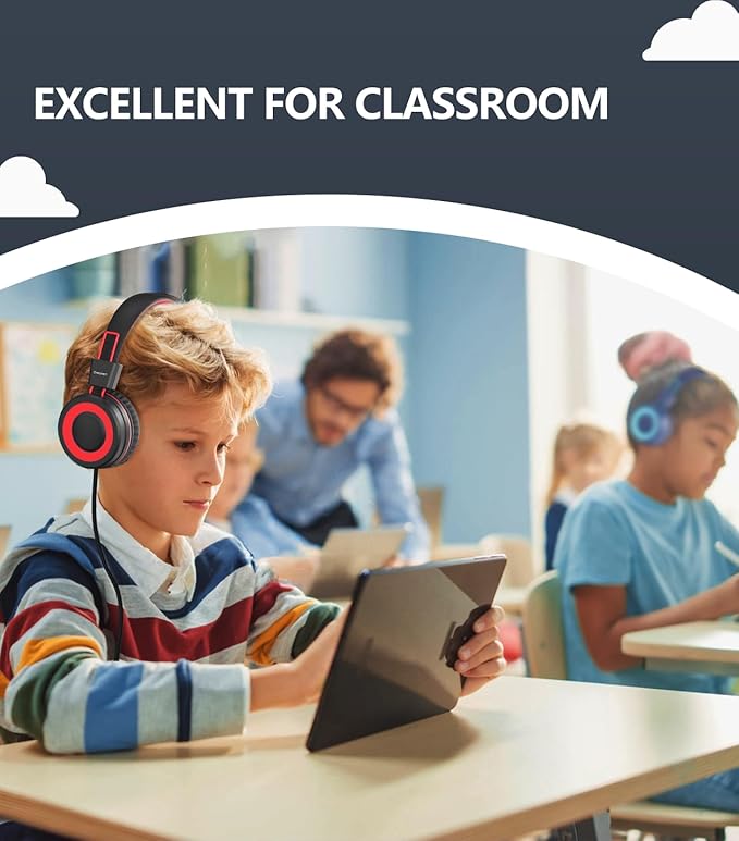 Upgrade USB Type C Kids Headphone for School, 94dB Safe Volume Limited, HD Stereo Sound, Foldable Lightweight On-Ear Headphones for Boys/Girls/Students/Tablet/Travel (Red Black)