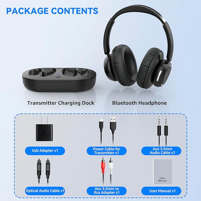 ANSTEN Wireless Headphones for TV with Universally Compatible Transmitter Charging Base, TV Headphone Wireless for Seniors, Bluetooth Headphones No Delay, 35 Hrs Audio Playtime, Plug n Play