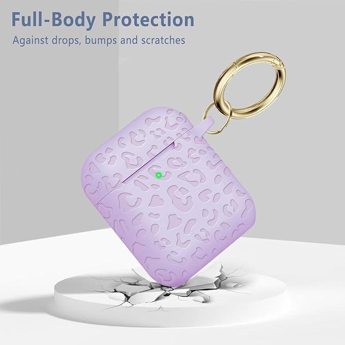 Compatible with Airpods Case Leopard Engraved Skin Cover Compatible with Airpods 2nd/1st Charging Case,Cute Soft Silicone Full Protective, Front LED Visible, Lavender