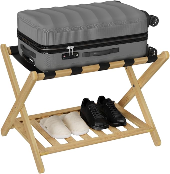 Smuxee Fully Assembled Luggage Rack for Guest Room, Upgraded Bamboo Foldable Suitcase Stand with 5 Nylon Straps, Nature Luggage Holder with Shelf for Bedroom Hotel
