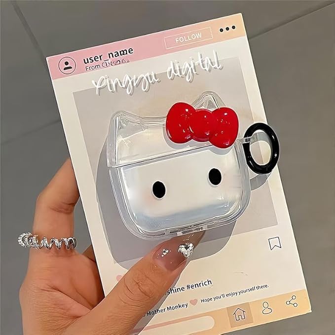 Transparent Clear Earphone Case for AirPods Pro, Cute Lovely Cat Face Soft TPU Silicone Case, Kitty AirPods Pro 2 Cover Protective Skin Shockproof Protector for iPod Earbuds -Red Bowknot Cat