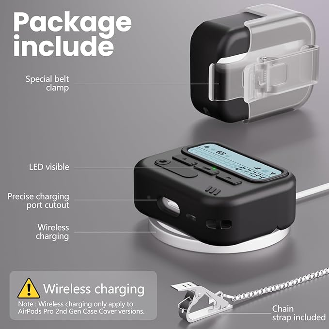 (with Safety Lock) Pager Cases Compatible with AirPods Pro 2nd Generation Case Cover with Cleaner Kit,Sturdy Hard TPU Protective for AirPods Pro 2 Charging Case(USB-C)(2023/2022/2019) for Men-Black