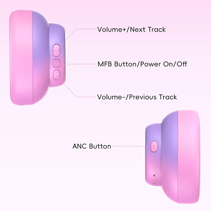 Active Kids Noise Cancelling Headphones, 60H Play Time Kids Bluetooth Headphones, Volume Limited, Bluetooth 6.0, USB C Charging, Headphones for iPad Tablet Airplane,Gradient Pink