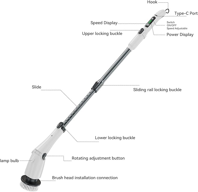 APLUSH Electric Spin Scrubber, IPX7 Waterproof Cordless Bathroom Cleaner Brush, Shower Scrubber with Adjustable Extension Handles 2 Speed, Cleaning Brush for Tub Shower Tile Floor,White