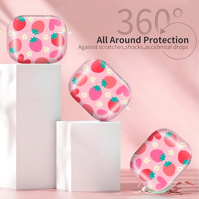 AirPod Pro 3 (2025) Case Cover for Women, Cute Shockproof TPU Protective Case with Gold Round Buckle, Anti-Drop Design Cute Strawberry