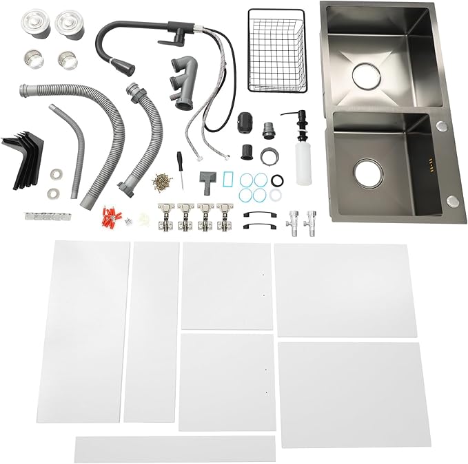 Laundry Sink with Cabinet, Utility Room Stainless Steel Sink with Pull-Out Faucet Dual Bowls, Freestanding Kitchen Bathroom Laundry Tub with Cabinet 31.89x16.93x30.71in(White)