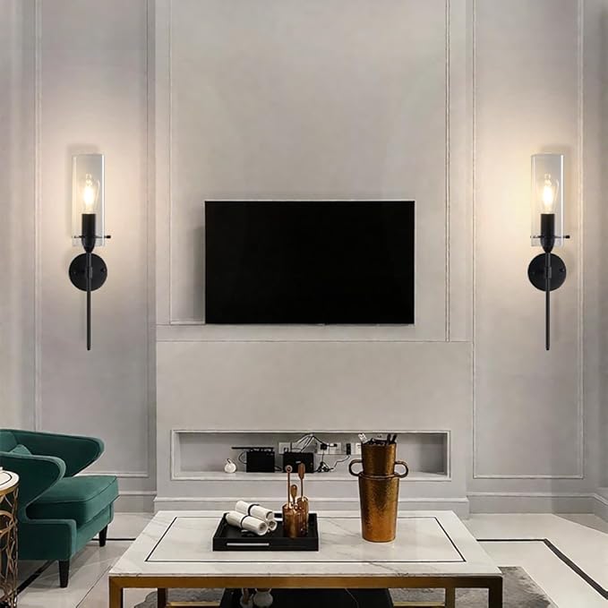 Modern Wall Sconces Set of Two, Black Wall Sconce with Clear Glass Shade, Hardwired Wall Mount Light Fixtures for Living Room Bathroom, Bedroom, Hallway