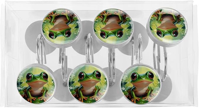 12 Packs Cute Frog Shower Curtain Hooks, Stainless Steel Glass Shower Curtain Rings for Bathroom Decor, Metal Rustproof Curtain Rod Hooks
