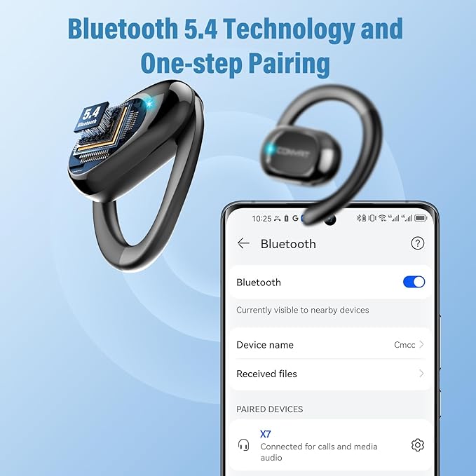 Open Ear Headphones, Wireless Bluetooth 5.4 Earbuds with Big Earhooks, Ultra-Comfort Open Ear Earbuds, 58 Hours HD Stereo Sound Over Ear Earphones, IP7 Waterproof Headset for Workouts, Black