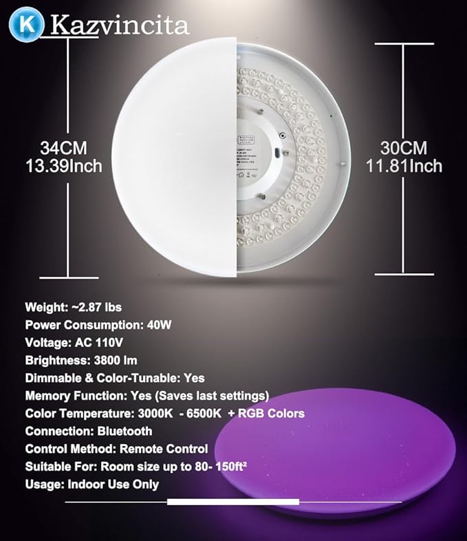 BT-Version LED Ceiling Light with Speaker 40W 13Inch Music Ceiling Lamp with Remote Control Adjustable Brightness & Color Temperature RGB Ambient Lighting for Kids Room Bedroom and More