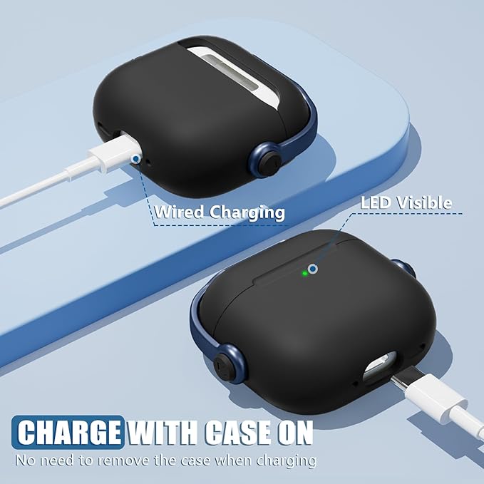 Safety Lock for Airpods 4 Case, TPU Case for Apple Airpods 4 Case 2024 USB-C with Cleaner Kit, Drop Protection Airpods 4 Case Cover for Men with Lock and Keychain, Black+Blue