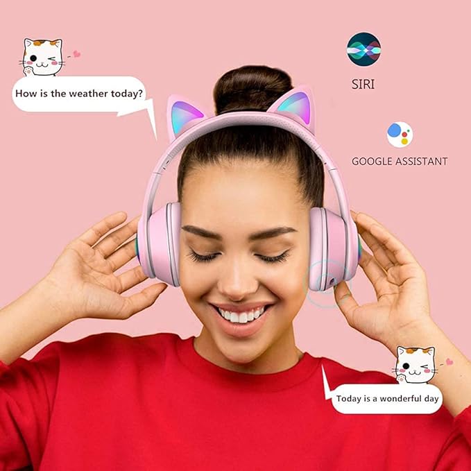 Cat Ear Gaming Bluetooth 5.2 Wireless Foldable Headphones with LED Light, Stereo Game Surround Sound Over-Ear Headsets with Microphone AUX for PC, Pad, Mobile, Laptop, Game, Kids, Gift