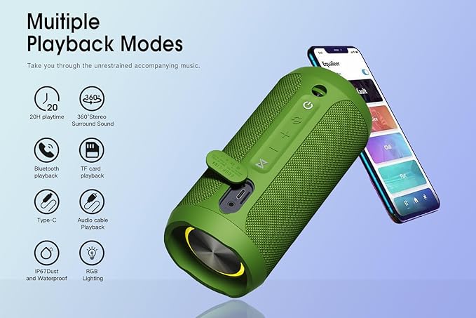 EDUPLINK Bluetooth Speaker IPX7 Waterproof Wireless Speaker with Bass 20H Playtime TWS Stereo Pairing Portable Outdoor Speakers for Beach Camping Travel Gifts for Men Women Girls Boys Teens Green