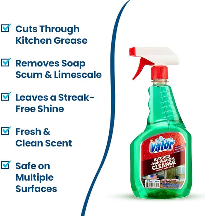 Valor Kitchen & Bathroom Cleaner Spray – Multi-Surface Degreaser & Limescale Cleaning Solution, Eco-Friendly Biodegradable Formula, (32 Fl Oz (Pack of 12))