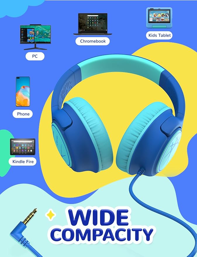 iClever Kids Headphones with Cord, 85dBA Safe Volume Wired Headphones for Kids, Stereo Sound Foldable Adjustable, 3.5mm Jack, Over Ear Child Headphone for School/Boys/Girls/iPad/Tablet/Travel, Blue