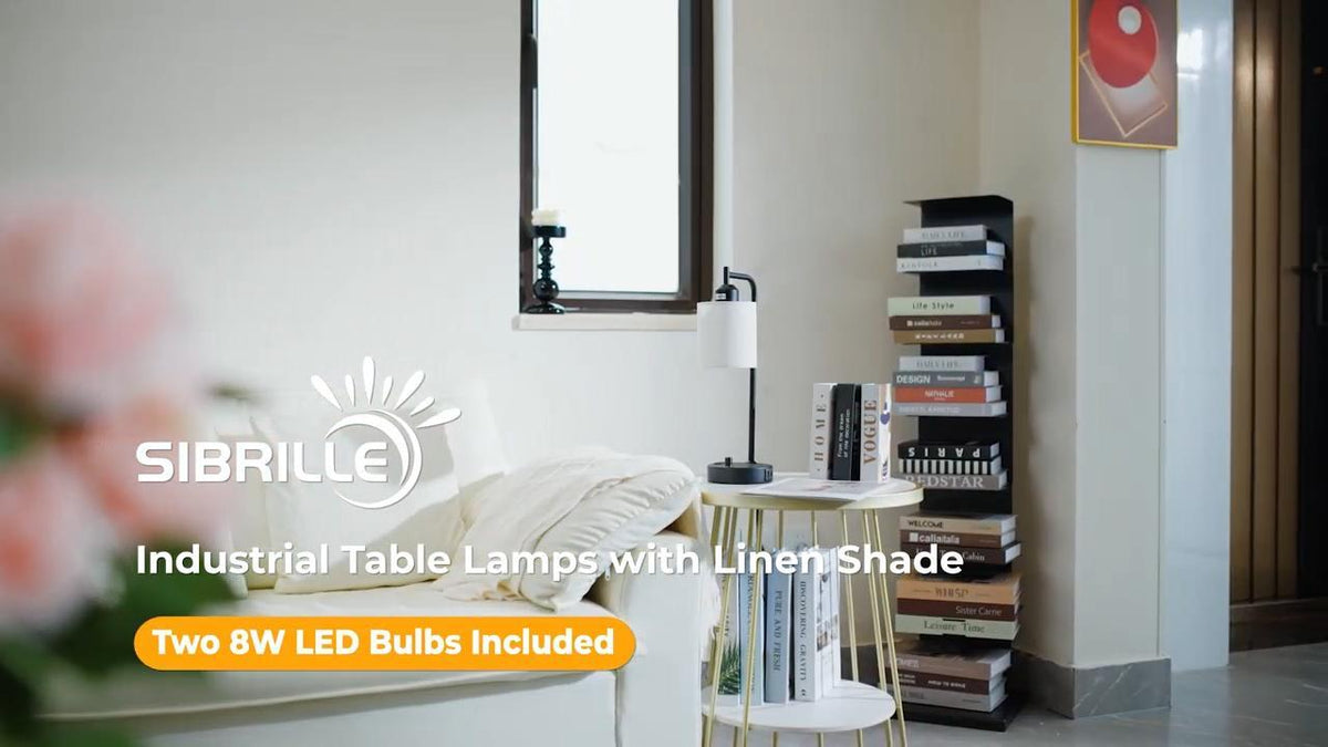 SIBRILLE Industrial Table Lamps with Linen Shade, Set of 2 Fully Dimmable Bedside Lamps with USB A+C Ports and Outlet, Black Nightstand Desk Lamps for Bedrooms Living Room Office, 2 LED Bulbs Included