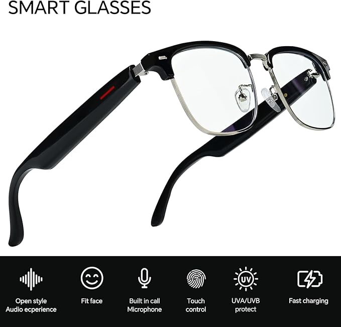 Bluetooth Smart Glasses with Camera, Real-Time Translation, Voice Assistant for Sports/Cycling/Running, Bone-Conduction Music Glasses (Sunglasses)