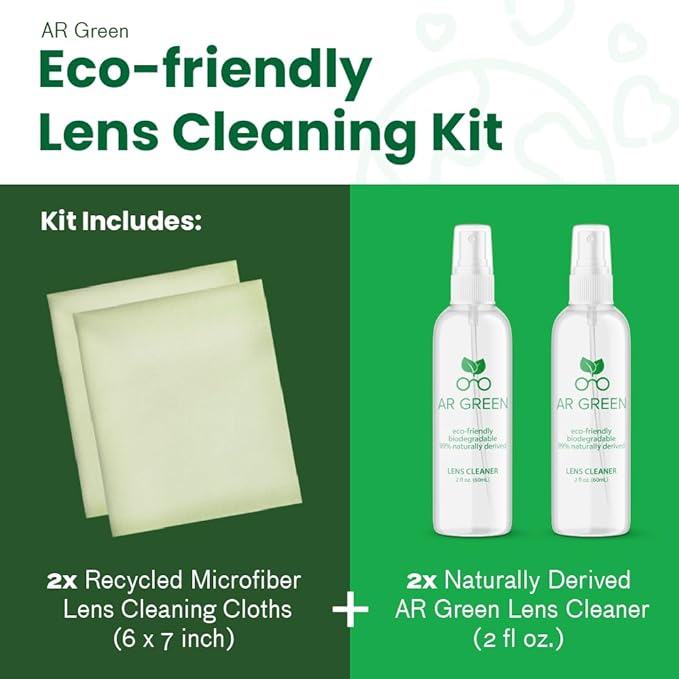 AR Green Eco Friendly Lens Cleaner, Biodegradable Lens Cleaning for Eyeglasses, Lenses, Screens, Streak Free, Two 2oz Spray Bottles, Two Microfiber Cleaning Cloths (Pack of 4)