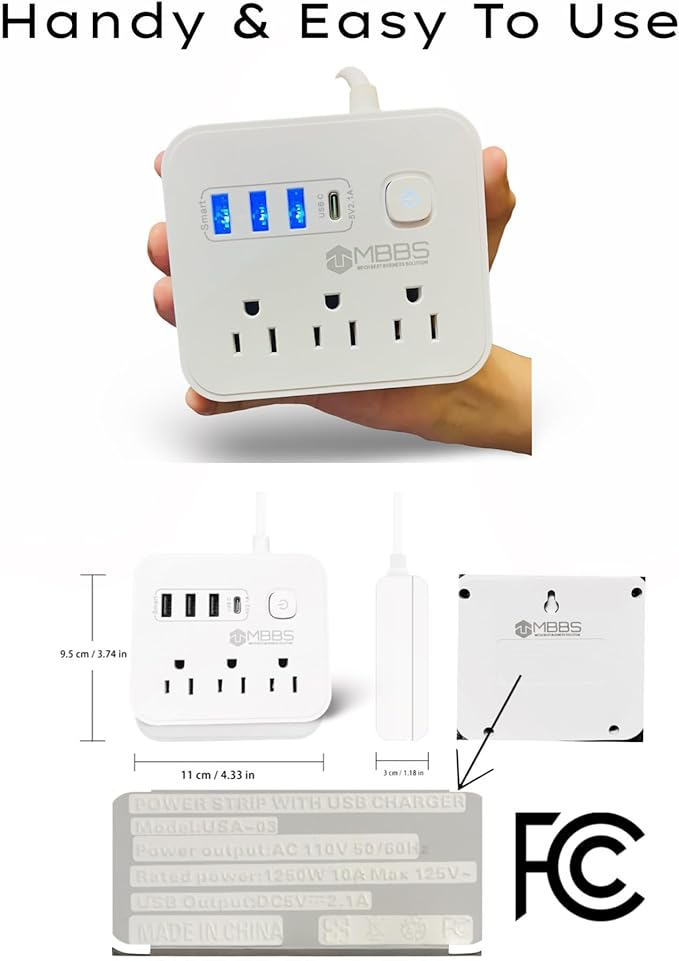 Surge Protector Power Strip with USB C, Heavy Duty Extension Cord – (7-in-1) 3 AC Outlets, 4 USB Ports, LED On/Off Switch – Compact & Travel Friendly – Home, Office. (5ft)
