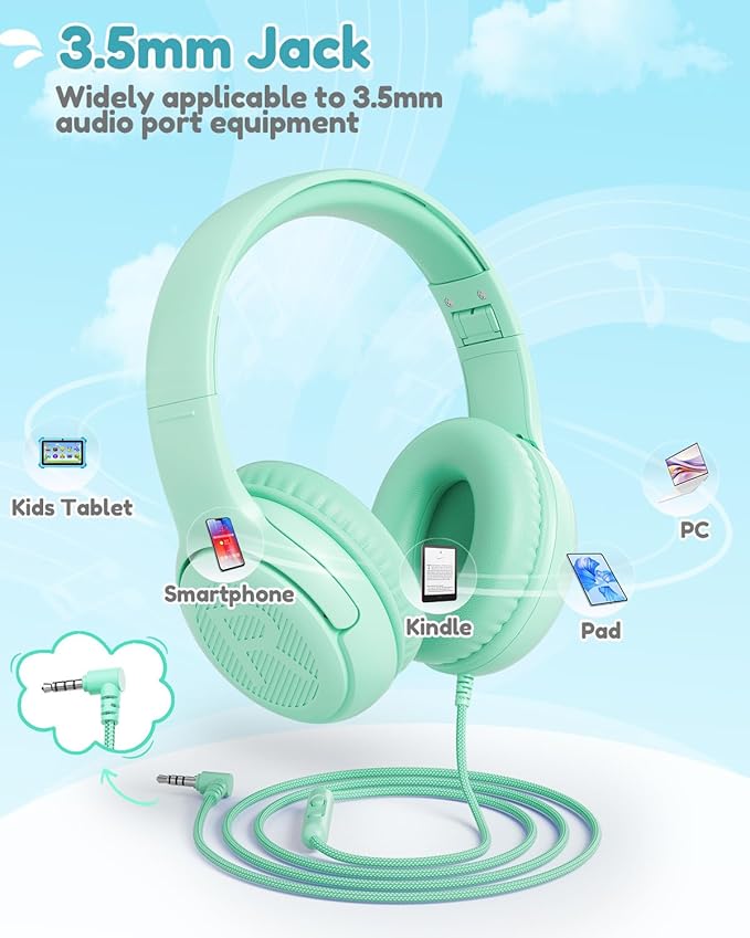 Kids Headphones for School Toddler Wired with Microphone Plug in Bulk Boys Headset Girls 3+ Year Old Green