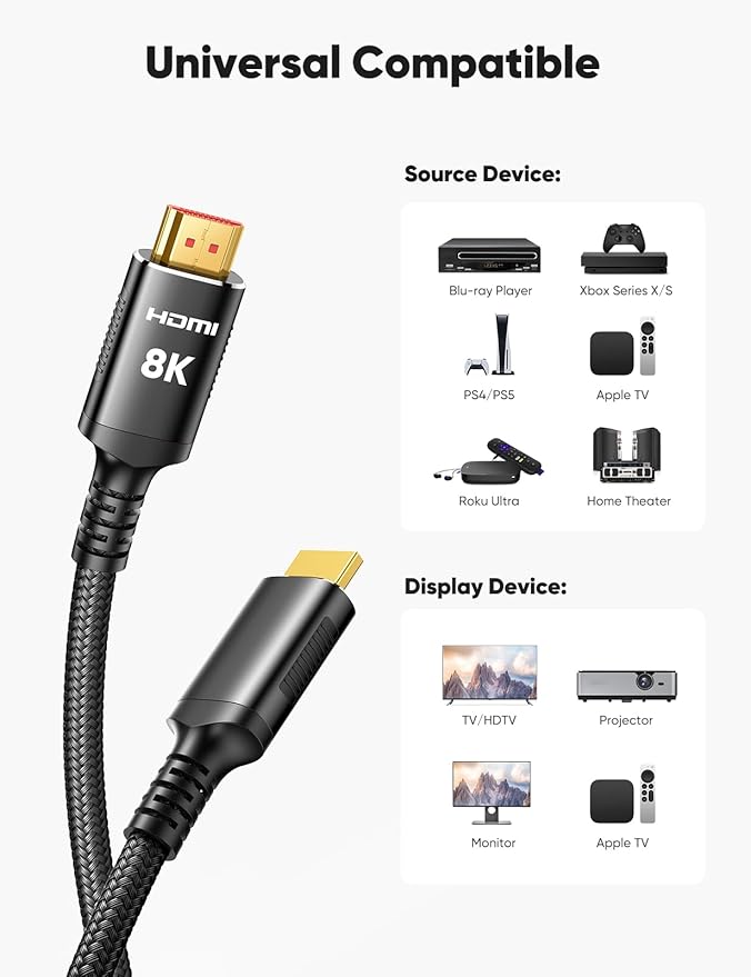 Snowkids 8K HDMI Cables 2.1 10FT 2-Pack 48Gbps 4K Ultra High Speed Cords(8K@60Hz 7680x4320, 4K@120Hz) eARC HDR10 HDCP 2.2 & 2.3 3D, Compatible for PS-5/PS-4/X-Box/TV/HDTV (Black)