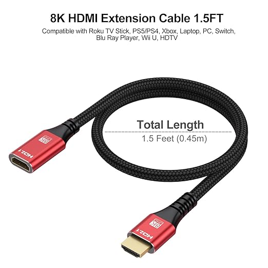 HDMI Extender 8K HDMI Extension Cable 1.5FT, HDMI 2.1 Male to Female Adapter Extension Cord 8K@60Hz, 4K@120Hz, 2K, 3D, HDR Compatible with Roku TV Stick, HDTV, PS5/PS4, Laptop, Monitor, Projector, PC