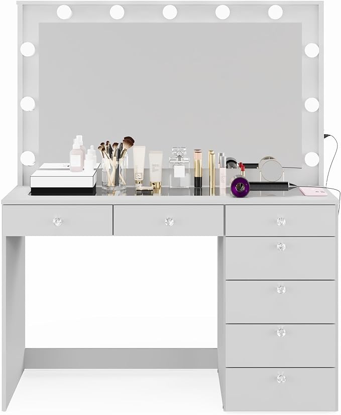 Boahaus Serena White Makeup Vanity with Mirror and 11 Lights, 7 Drawers, Glass Top, Crystal Knobs, USB-A & USB-C Ports, 110V Power Outlet, Bedroom Vanity Desk (White)