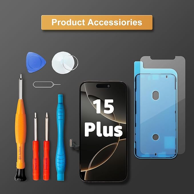 LL TRADER Screen Replacement for iPhone 15 Plus 6.7" LCD Retina FHD Display COF Touch Screen Digitizer with Repair Tool Kits, Waterproof Tape, Screen Protector (Truetone programable)