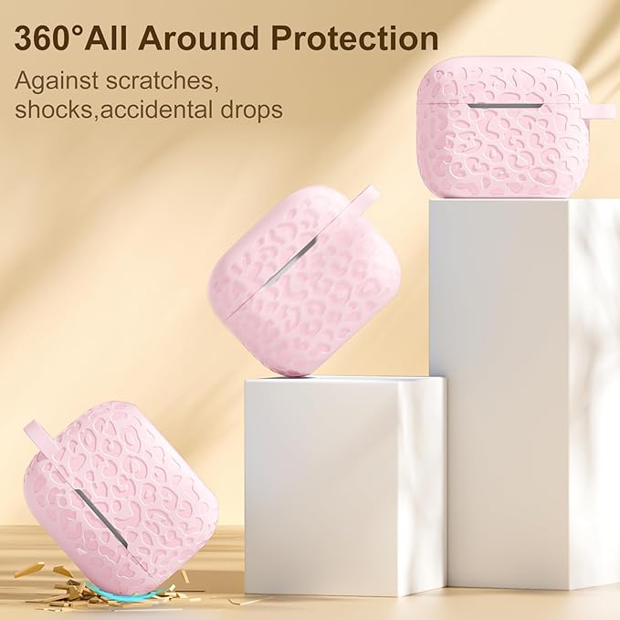 Leopard Engraved Compatible with AirPods 4 Case Cover 2024,Soft Silicone Protective Case for Apple AirPods 4th Generation Case for Women,Cute AirPod 4 Case Accessories with Keychain (Lightpink)