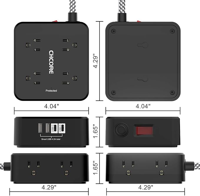 Surge Protector Power Strip - CHCORE 10Ft Braided Extension Cord with 8 Outlets with 4 USB (2 USB C) Charging Ports, Flat Plug Multi Plug Outlet Extender Charging Station for Home Office, ETL, Black