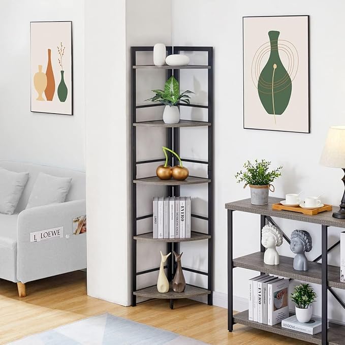 BON AUGURE Rustic Corner Shelf Stand, Tall Industrial Corner Bookshelf, Wood Metal 5 Tier Bookcase Shelves, Display Shelving Unit for Kitchen, Living Room (Dark Grey Oak)