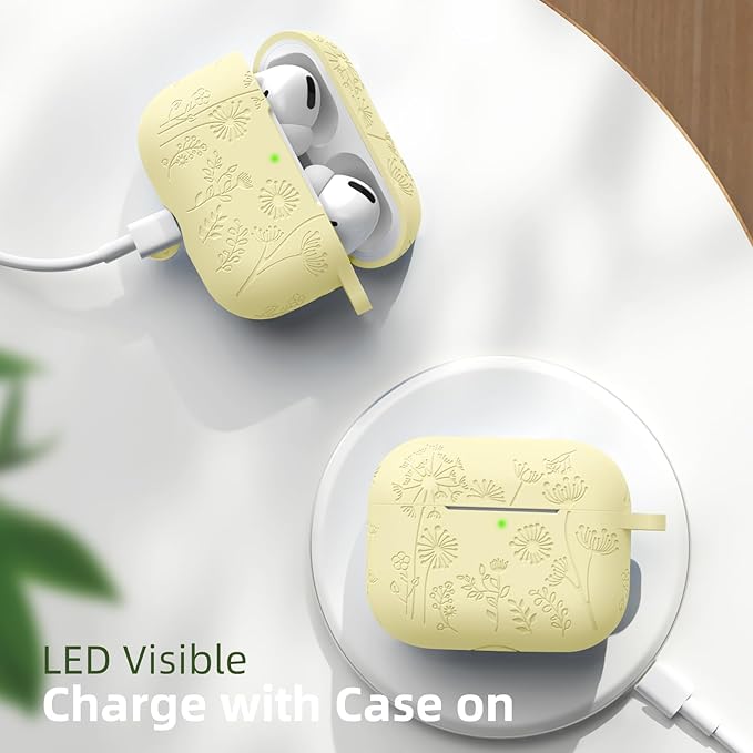 Lerobo for Airpod Pro 2 Case/Airpod Pro Case Cover, Flower Engraved Cute Silicone Skin Full Protective Cover Compatible with Apple Airpods Pro 2nd/1st Generation Case with Keychain, Cream Yellow