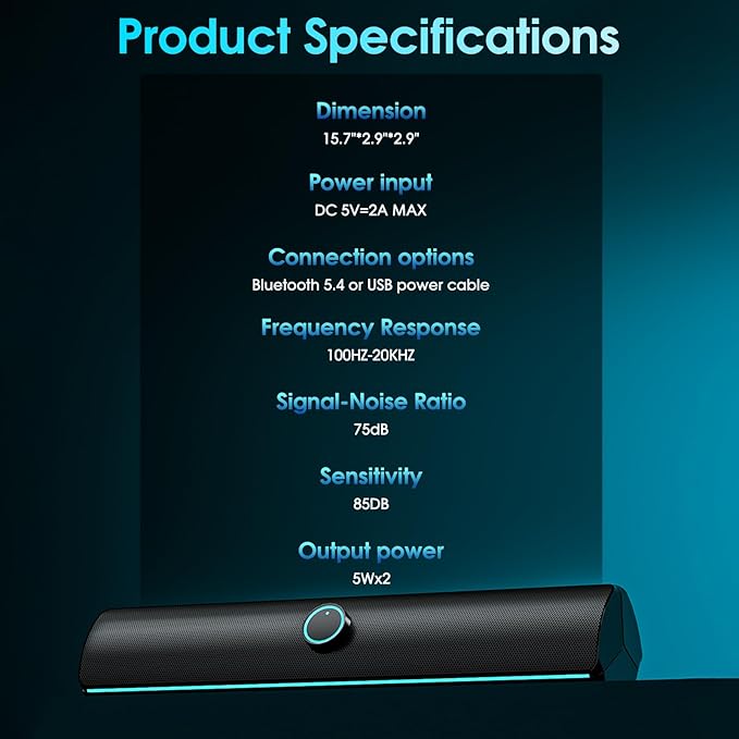 Computer Speakers for Desktop PC,Computer Sound bar,2600mAh PC Soundbar,Bass Boost,HiFi Stereo Bluetooth Desktop Speakers with Touch Buttons for Laptops,Phone,Great for Gamers,Families