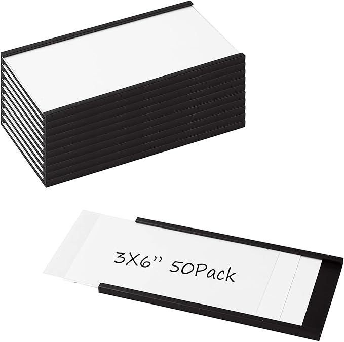 Realth C Channel Magnetic Label Holders 50 Pack 3'' x 6'' with Paper Inserts and Clear Plastic Protectors, Magnetic Data Card Holders File Cabinet Labels for Metal Racks and Shelves
