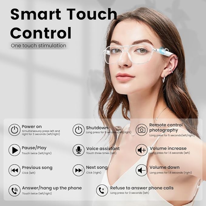 Smart Glasses for Women Men, Anti-Blue Light UV Protection, Voice Control Smart Glasses with Built-in Mic & Speakers, Smart Audio Eyewear for Gaming Meeting (White Frame)