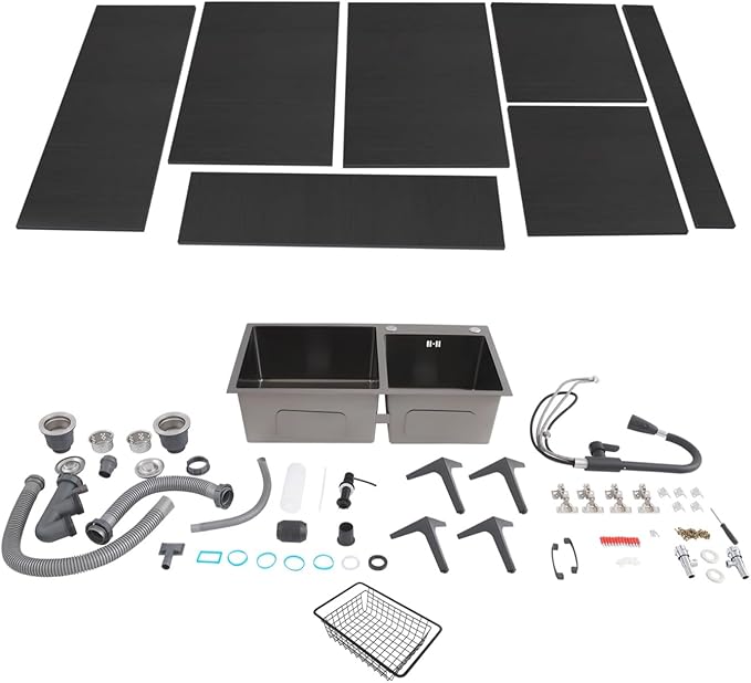 Laundry Sink with Cabinet, Utility Room Stainless Steel Sink with Pull-Out Faucet Dual Bowls, Freestanding Laundry Utility Tub for Kitchen Bathroom 31.89x16.93x30.71in (Black)