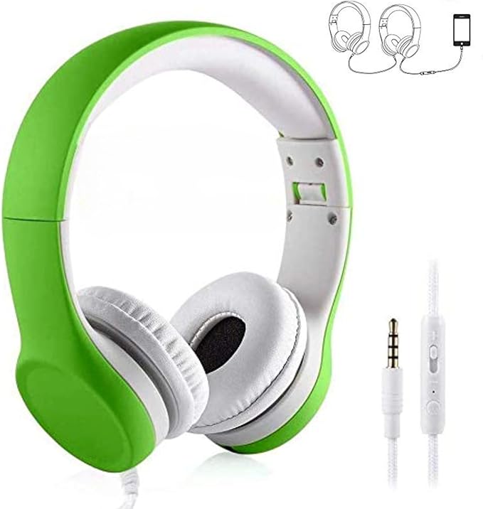 Kids Headphones, Two Audio Port for Sharing, Headphones for kids with mic & Volume Limiting, Baby Children Toddlers Boys Girls Laptop Tablet Class travel school use(green