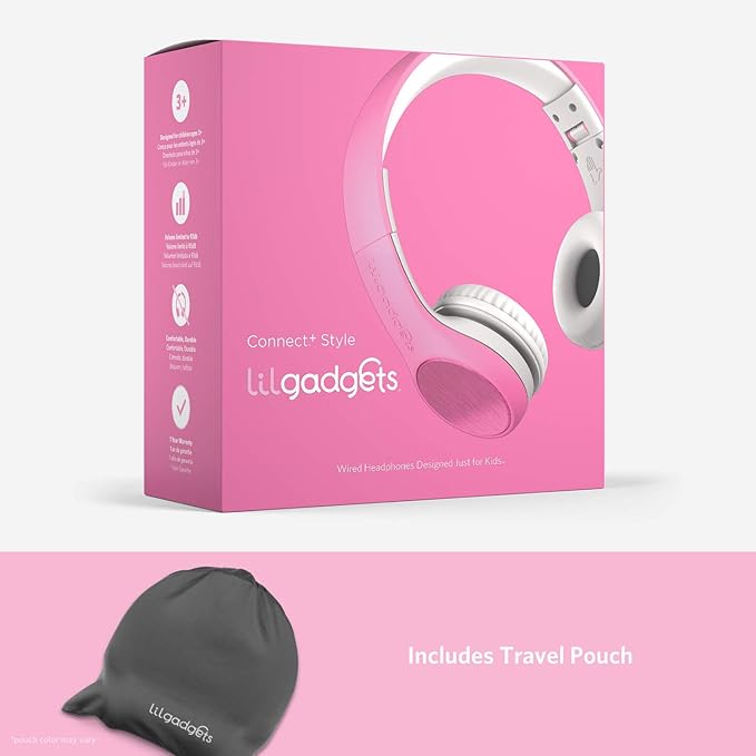 LilGadgets Connect+ Style On-Ear Kids Headphones with Microphone - SharePort Technology, SoftTouch Padding, Detachable Cable, Volume Limiting, Durable & Adjustable - Pink
