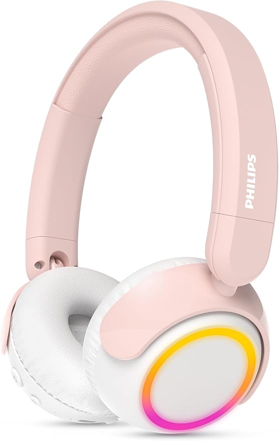 Philips K4200 Lightweight On-Ear Wireless Kids Headphones - Built-in Mic, LED Lights, Safe Volume Limited, Audio Sharing, Foldable & Durable, Pink