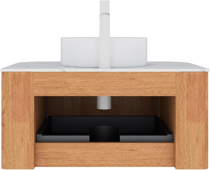 KEIKI 30" Bathroom Vanity Cabinet with Sink Combo, Wall Mounted Curved Edges Striped Floating Bathroom Vanity with Soft-Close Drawer, White Round Ceramic Basin Without Faucet, Natural Wood