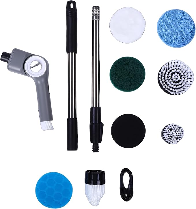 Dpofirs Electric Spin Scrubber, Cordless Cleaning Brush, Bathroom Shower Scrubber with Long Handle Adjustable, Power Cleaner with 8 Brush Heads, 3 Speeds